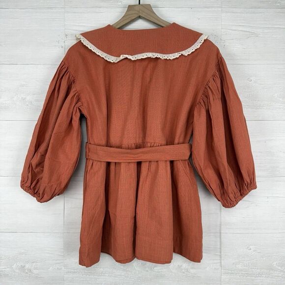 Free People Porto Top & Shorts Set S Orange Puff Sleeve Peter Pan Collar NWT - Picture 8 of 16